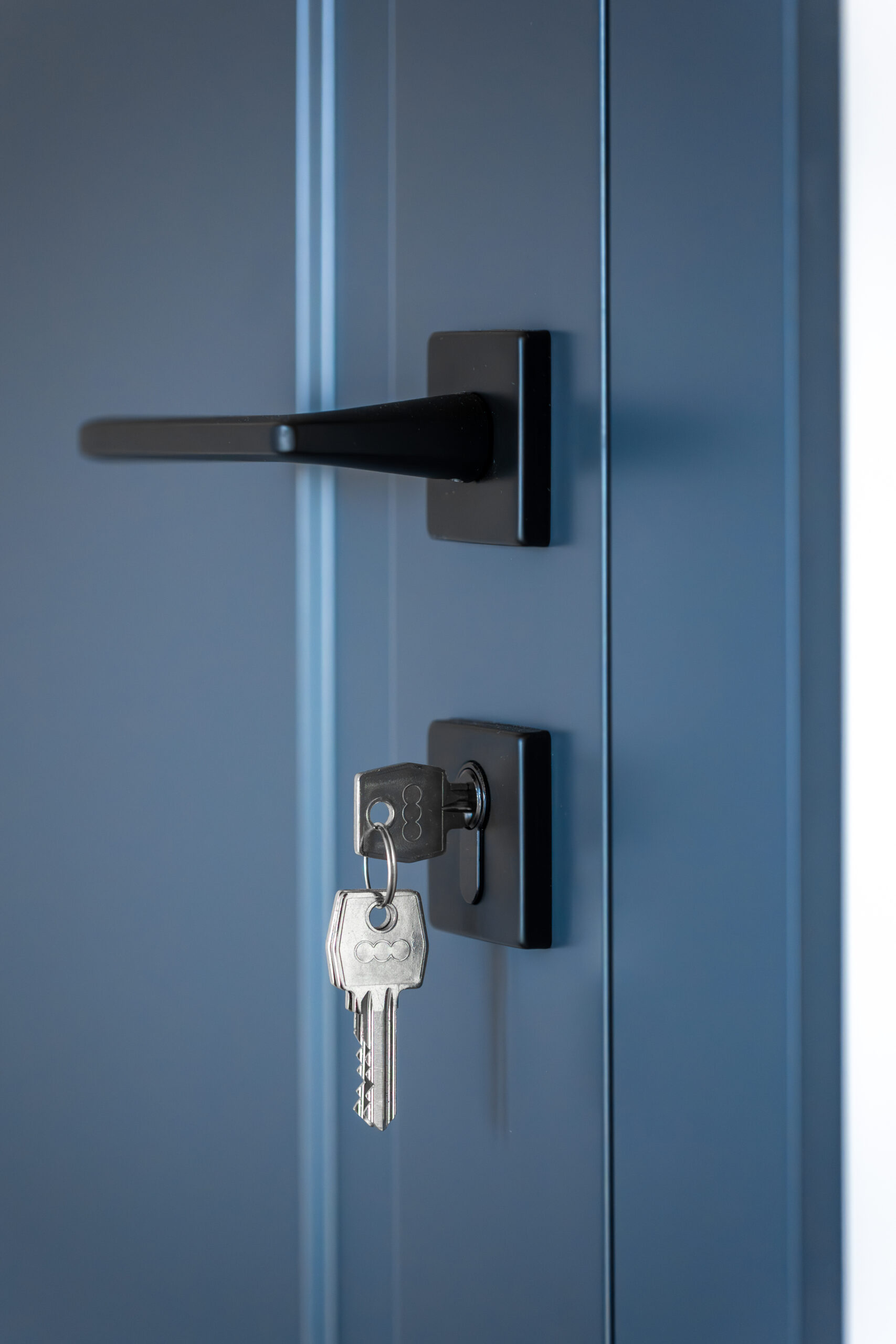 modern door handle. keys in cylinder. blue interior door.